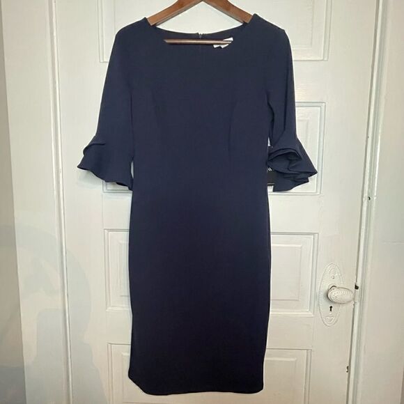 NWTs NY&C Navy Classy Ballerina Length Flutter Sleeve Dress Size Small - Picture 1 of 12